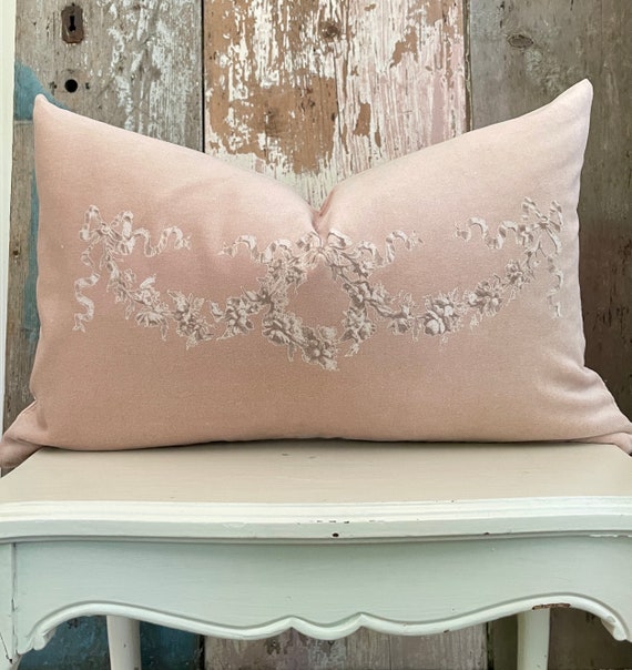 Beige Pink Velvet Lumbar Pillow Cover, Vintage Flowers and Bows