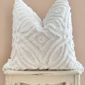 White Chenille Pillow Cover, Textured Cushion, Cottage Chic, Shabby Vintage Home, Winter French Country Decor.