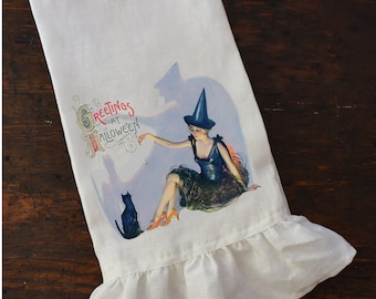 Halloween Witch Ruffle Tea Towel, Autumn Farmhouse Kitchen, Shabby Cottage Chic Fall Dishtowel.