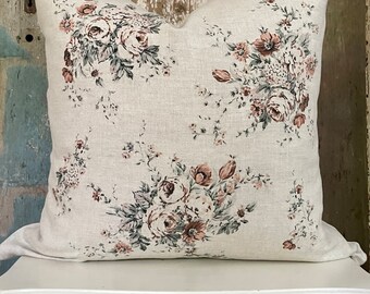 Shabby Fall Floral Ruffle Linen Pillow Cover, Decorative Neutral Throw Pillow, French Country Autumn Decor, Cottage Chic.