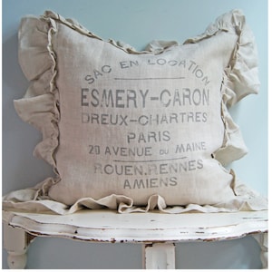 Beige Linen Ruffle Pillow Cover, Shabby French Country Pillow Cover, French Flour Sack Antiques, Cottage Chic.