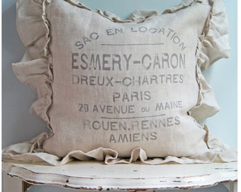 Beige Linen Ruffle Pillow Cover, Shabby French Country Pillow Cover, French Flour Sack Antiques, Cottage Chic.