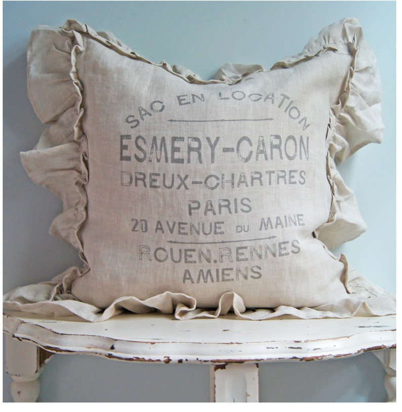 Linen Ruffle Pillow Cover Shabby  French Country Pillow image 1