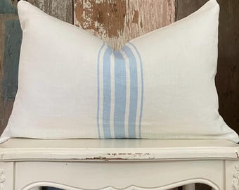 Blue Center Stripe Lumbar Pillow Cover, Shabby French Country Grain Sack Cushion, Cottage Chic Home Decor, Cottagecore Farmhouse, 12" x 18”