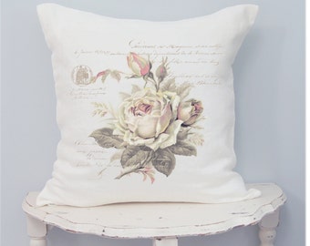 French Cottage Rose Linen Pillow Cover, Shabby French Country Pillow Cover, Cottage Chic, Spring Decor.