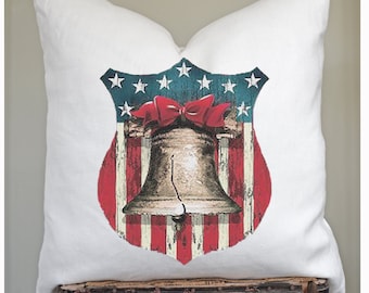 USA Liberty Bell Pillow Cover, Red White and Blue Patriotic Pillow, Vintage Americana Decor, Farmhouse Decor Rustic Country.