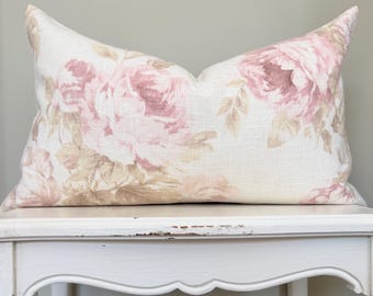 Ivory Floral Linen Lumbar Pillow Cover, Shabby French Country Decor, Cottage Chic, Farmhouse Spring Decor.