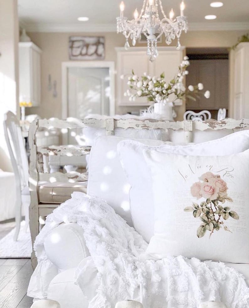 Rose Linen Pillow Cover, Shabby Cottage Chic, French Country Farmhouse, Romantic Decor. image 3