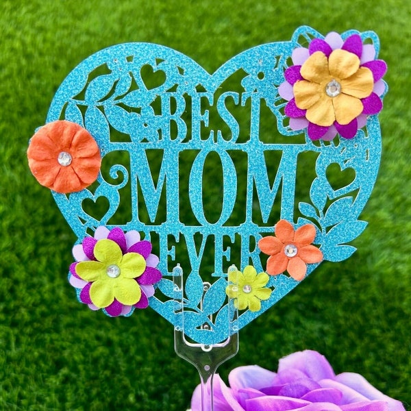 Heartfelt Floral Picks: Best Mom Ever, Glittery Blue with Colorful Flowers