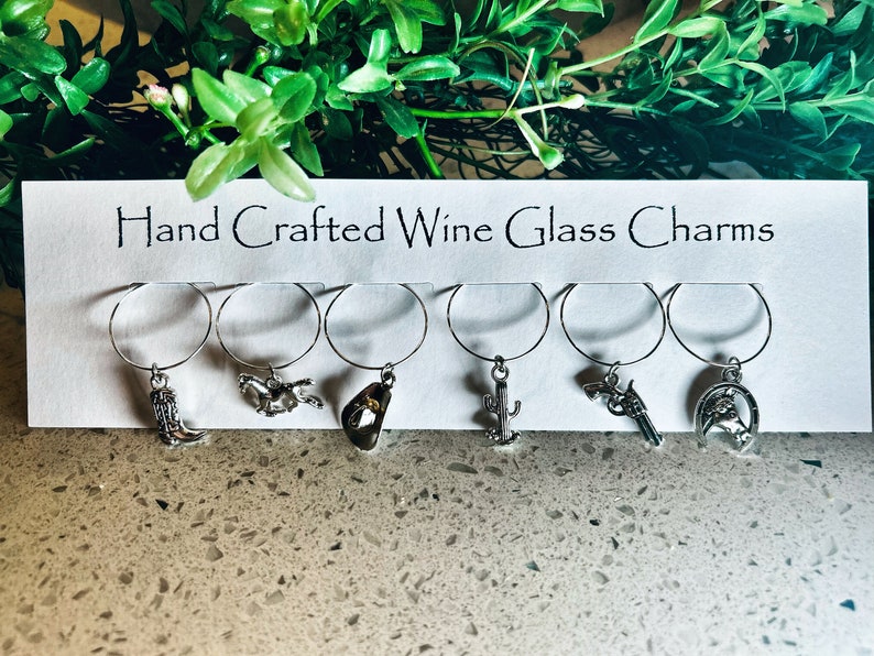 Southwest-Themed Handcrafted Wine Glass Charms Set of 6, Unique Silver-Tone Accents image 1