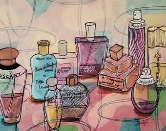 Perfume Bottle Acrylic Painting: Abstract Metallic Accents, Matted