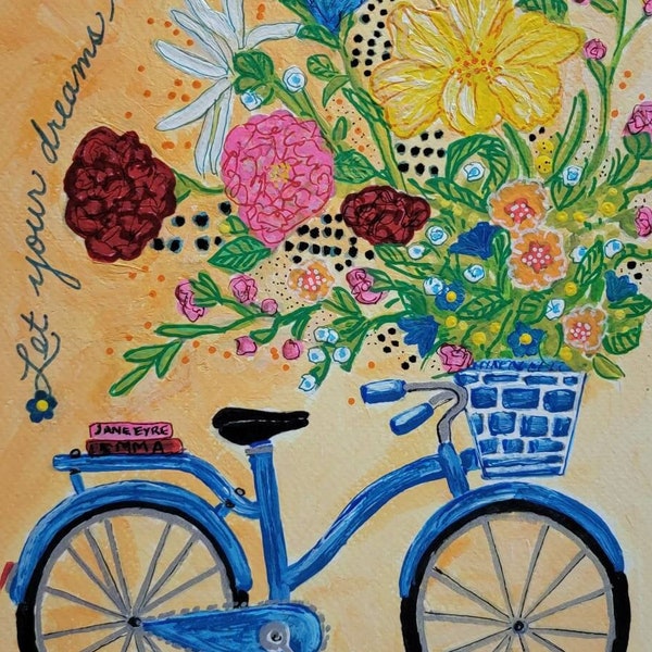 Dreams Bloom, Art painting collage, mixed media abstract, bicycle flowers floral home office, wall decor, gift idea, matted 11x14