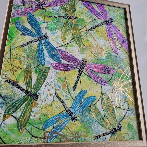 Dragonflies, mixed media painting, colorful and sparkly, golden accents, matted framed, ready to display, free shipping, modern art 15x15.