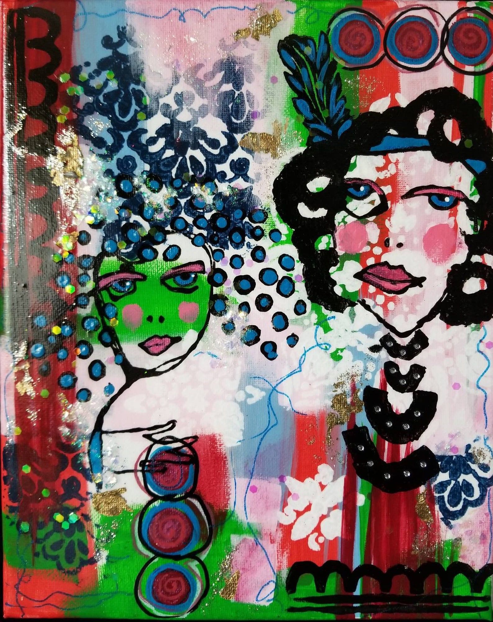 Delilah and Jezebel, Art Painting, Mixed Media Abstract, Stretched