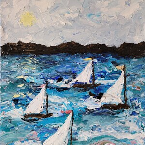 May include: A painting of four sailboats on a blue and white sea with a yellow sun in the sky.