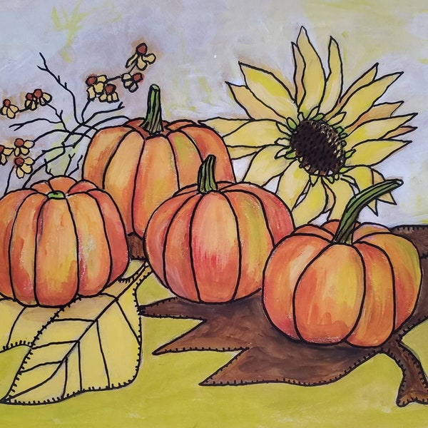 Art PRINT, Four Pumpkins, artists print, fall autumn harvest, wall decor, gift idea, anniversary friendship housewarming, Ships Free 9x12