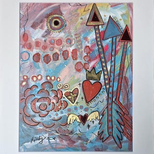 May include: Abstract mixed media artwork with a white mat. The painting features arrows, hearts, a crown, and a floral design in shades of red, blue, and gold. The artwork is signed by the artist.
