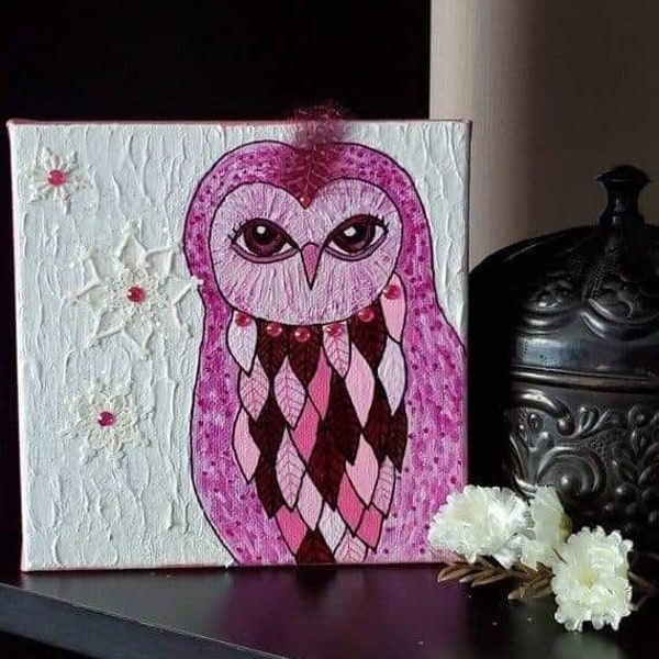 Pinky the Owl, shelf art, table art, fall and winter, whimsical fantasy bird, gift giving, desktop art, 6x6x1, canvas creations.