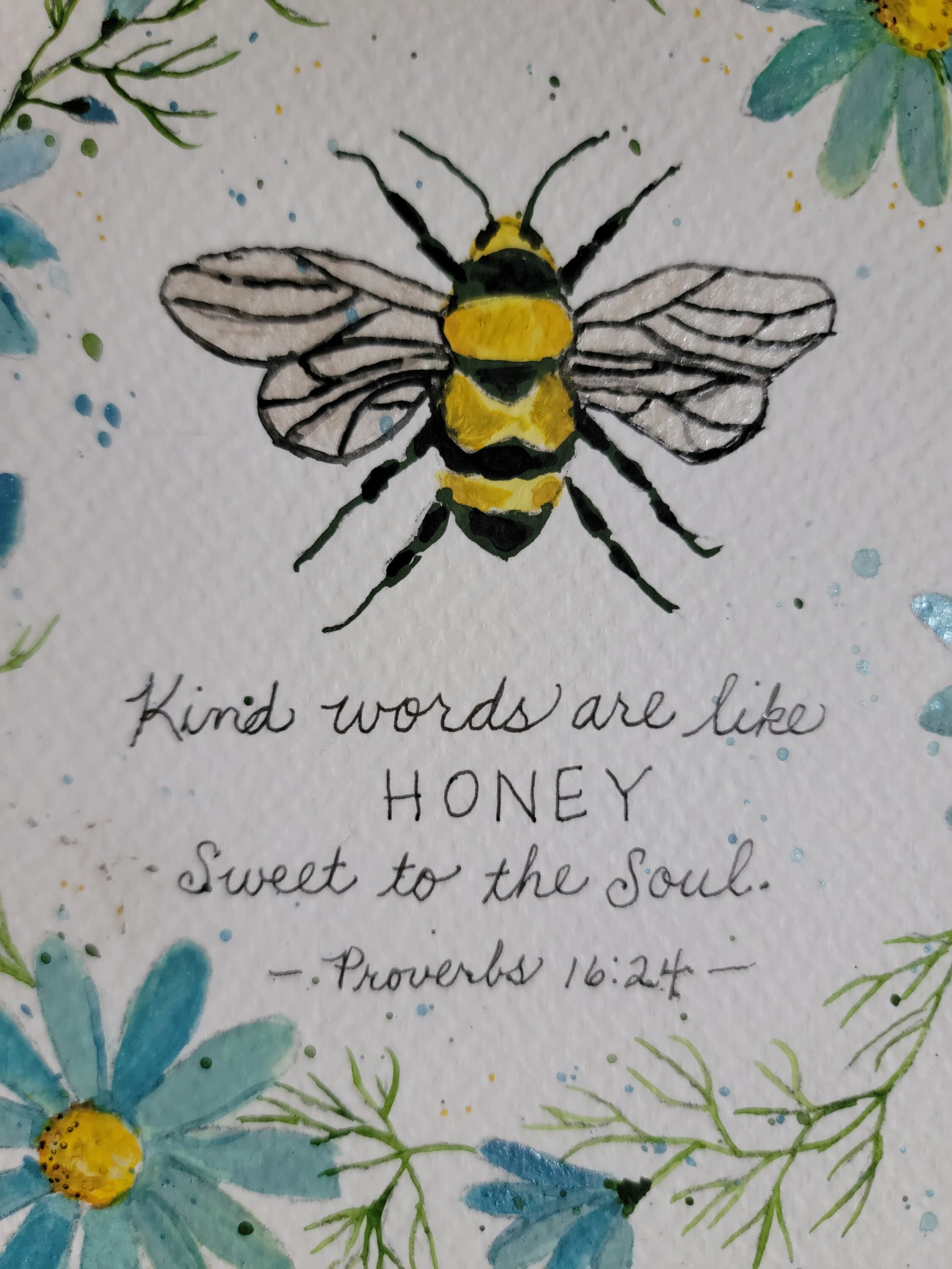 A Proverb, Art Watercolor Painting, Honeybee Bumblebee Flowers, Daisies