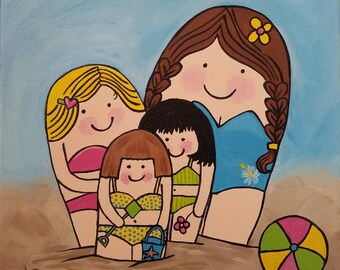 Beach Babes, Art painting, acrylic canvas, Matroyshka Dolls Babushka, mother daughter family, lake beach ocean, gift decor, Ships Free 12x12