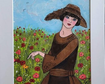 Be Different, mixed media, collaged girl, garden, flowers, summer garden,   140lb paper, 11x14 matted,