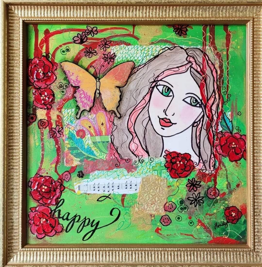 Curated visual reference: Happy Girl Roses Butterfly Mixed Media Collage Art Painting Photo Inspiration