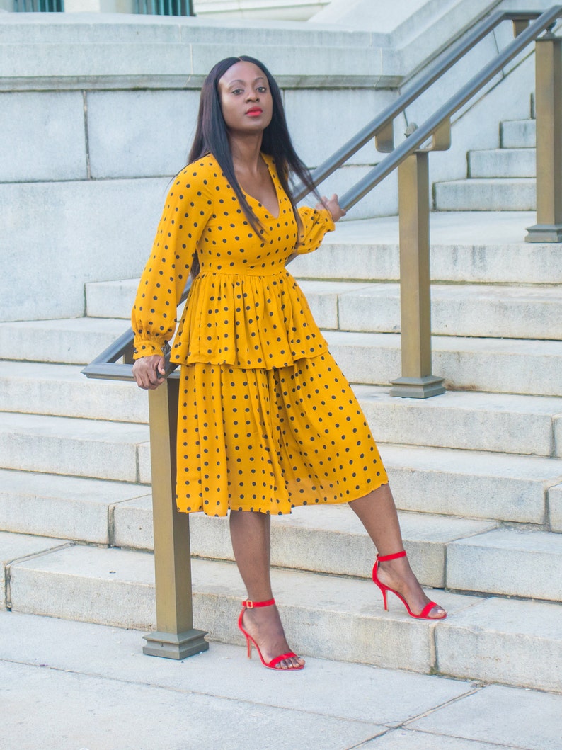 Black Polka Dot Layered Frilled Deep V Neck Slit Party Cocktail Dress