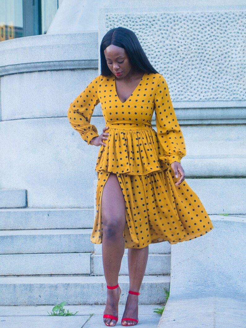 Black Polka Dot Layered Frilled Deep V Neck Slit Party Cocktail Dress