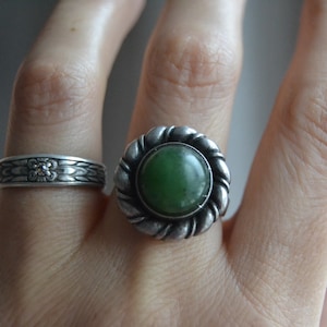 Ukrainian vintage sterling silver natural jade ring, Green jade cabochon, Ukrainian silver jewelry, Big size ring, Green nephrite ring