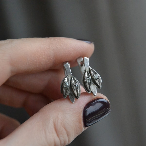 Boucles d'oreilles en argent sterling vintage ukrainiennes soviétiques, petites boucles d'oreilles en strass, boucles d'oreilles en argent sterling ukrainiennes, boucles d'oreilles en argent vintage