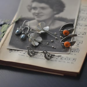 Lot of 4 pairs of vintage German silver earrings, Long floral vintage earrings, Heavy patina, Antique jewellry