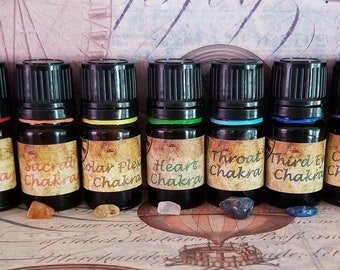 7 Chakras Essential Oil Blend Set with Gemstone and Color Therapy