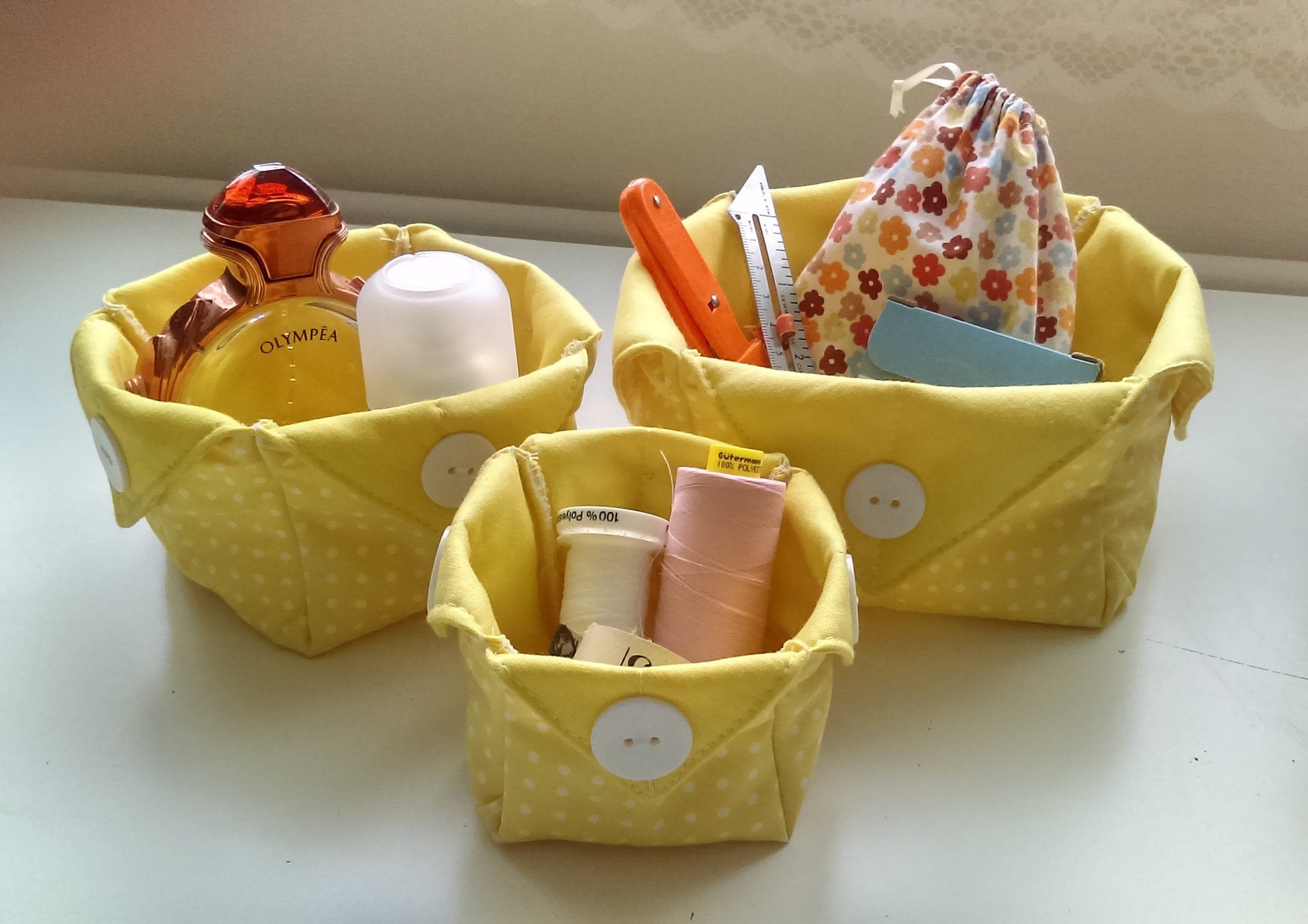 Set of 3 Fabric Storage Baskets, Polka Dot Baskets, Fabric Containers