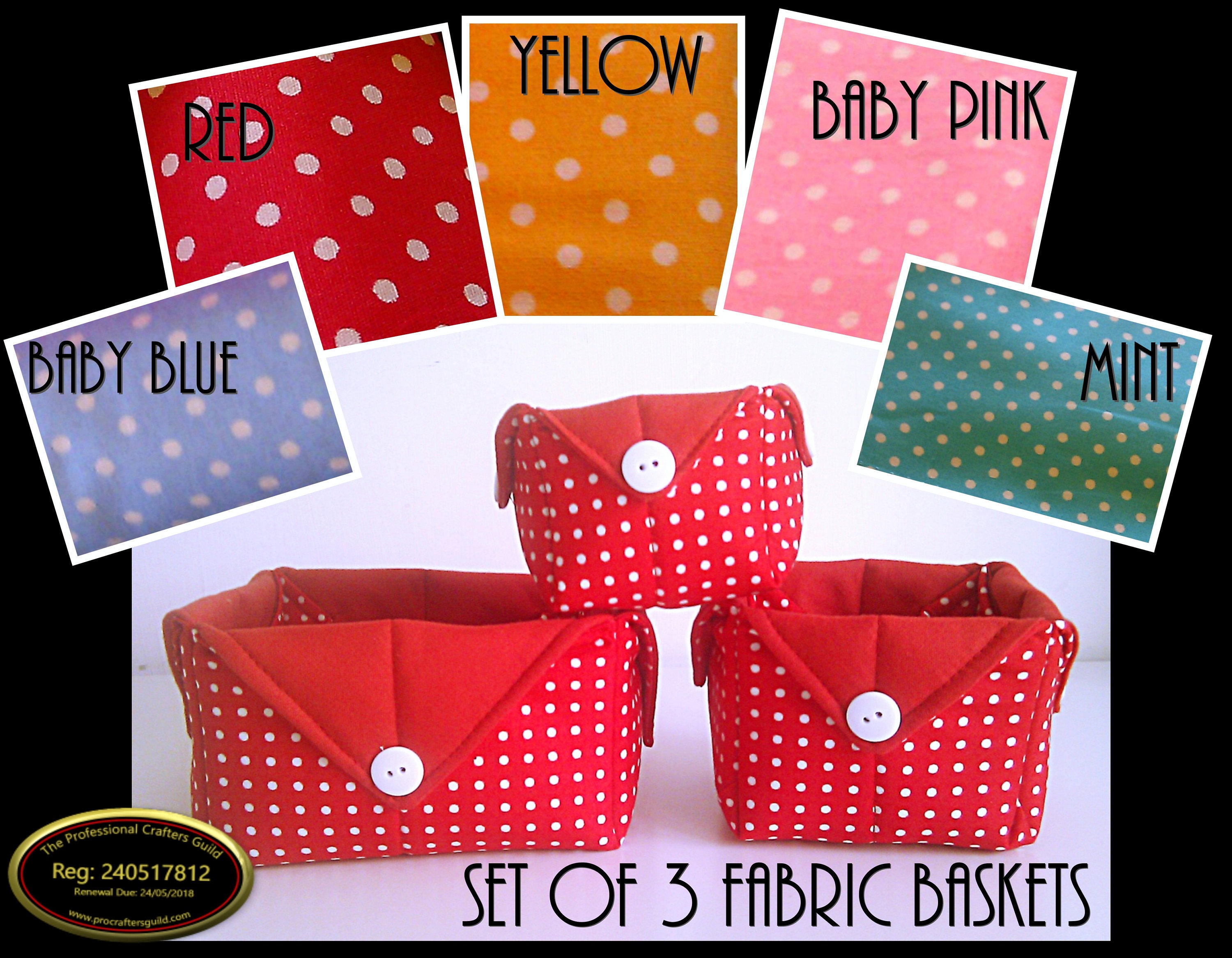 Set of 3 Fabric Storage Baskets, Polka Dot Baskets, Fabric Containers