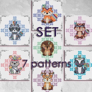 Small cross stitch pattern: Boho, Animal, Fox, Deer, Raccoon, Squirrel, Hedgehog, Rabbit, Baby, Funny, Woodland, Animals, Patterns, PDF