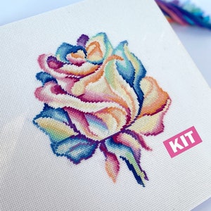 Cross stitch KIT: Rose, Flowers, Summer, Plant, Rainbow, Mandala, Beginner, Modern, DIY, Needlepoint, Embroidery, Geometric, Gift for mom image 1