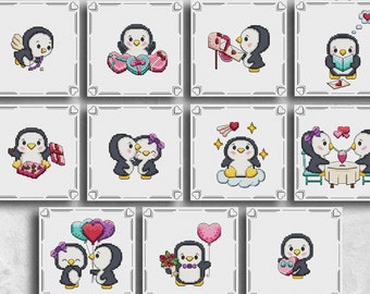 Cross stitch pattern PDF: Penguin , Valentine day, Heart,  Funny, Beginner, Cute, Small, Mini, Plastic Canvas, Gift, Simple, Bookmark, Fairy