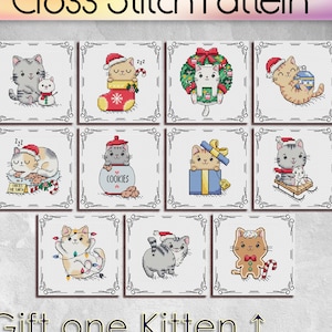 Può includere: Un set di 9 schemi di punto croce con adorabili gattini in varie scene a tema natalizio. Gli schemi includono gattini con cappelli di Babbo Natale, che tengono regali e decorano un albero di Natale. Il testo "Gift one Kitten" è visualizzato sotto gli schemi.