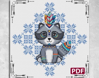 BOHO animals cross stitch, Racoon cross stitch, Cross stitch pattern animals, Cross stitch racoon, Easy cross stitch, Pattern boho animals