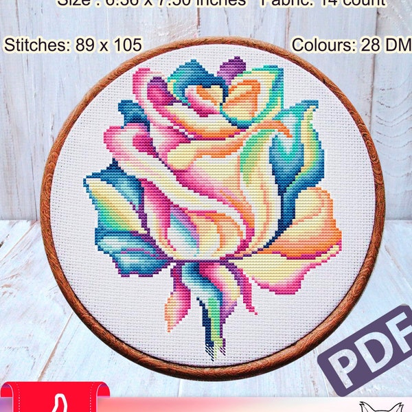 Beginner cross stitch pattern: Flowers, Rose, Easy, Design, Counted, PDF, Chart, Easter, Rainbow, Plant, Summer, Spring, Mandala, Floral