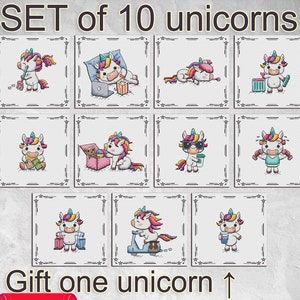 Puede incluir: Un conjunto de patrones de punto de cruz con 10 diseños de unicornios. Cada unicornio tiene una pose diferente y crines coloridas. El texto "Cross Stitch Pattern" y "SET of 10 unicorns" se muestra en la parte superior.