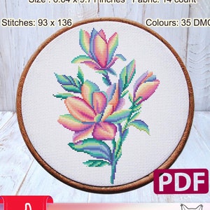 Beginner cross stitch pattern: Easy, Modern, Flowers, Magnolia, Spring, Mandala, PDF, Plant, Bright, Rainbow, Floral