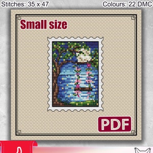 Small cross stitch pattern: Flowers, Spring, Moon, Stamp, PDF, Mini, Plastic canvas, Counted, Bookmark, Plant, Fairy, Landscape, PDF,S-122