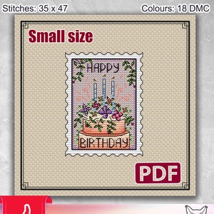 Patrón punto de cruz pequeño: Feliz Cumpleaños, Flores, Pastel, Sello, Mini, Verano, Espacios en Blanco, Lona plástica, Pdf, Regalo, Fiesta, Mamá, Tarjetas