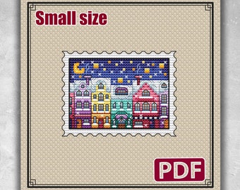 Small cross stitch pattern: Christmas, Stamp, New Year, Winter, Town, City, Cards, Tags, Letter, Blank, Modern, PDF, Needlepoint, S-088