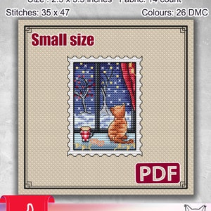 Small cross stitch pattern: Cat, Christmas, Stamp, New Year, Winter, Kitten, Cards, Tags, Blank, Modern, PDF, Needlepoint, Animal, S-086