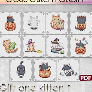 May include: Cross stitch pattern featuring ten different Halloween-themed kittens. Each kitten is dressed in a different costume, such as a ghost, a witch, and a mummy. The pattern is available as a PDF download. Gift one kitten.