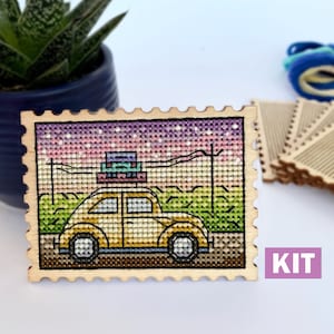 Cross stitch KIT: Travel, Stamp, Summer, Trip, Primitive, Pattern, Cards, Blank, Diy, Beginner, Counted, Modern, Small, Wood, Funny gift