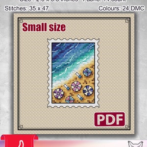 Small cross stitch pattern: Sea, Beach, Travel, Ocean, Stamp, Summer, Mini, Plastic canvas, Counted, Bookmark, Fish, Landscape, Nature,S-125