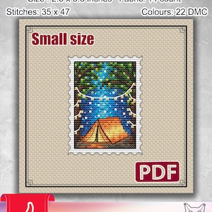 Small cross stitch pattern: Camping night, Travel, Tourism, Summer, Stars, Moon, Fire, Stamp, Modern, Nature, Gift for friends, PDF, S-135